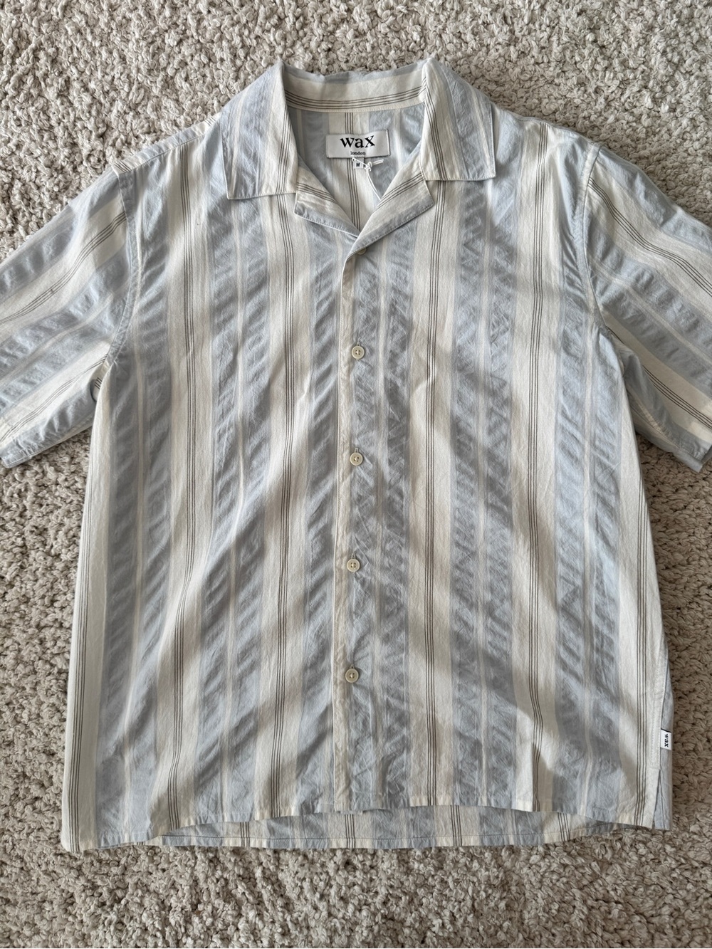 Wax London Didcot Seersucker Blue/White Striped Short Camp Button-Up Shirt